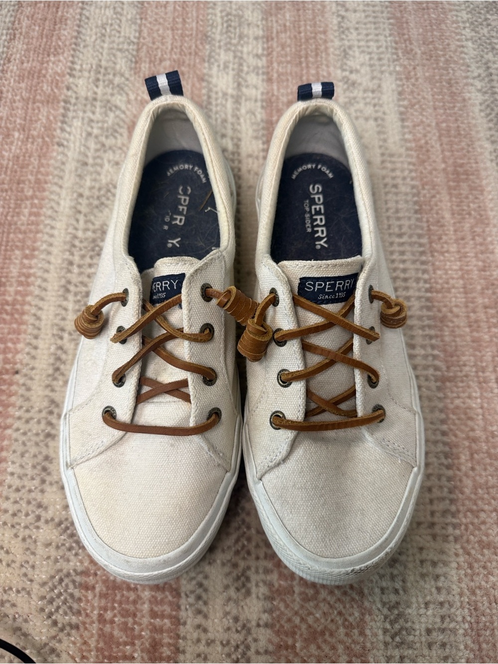 Sperry Cream Canvas Low-Top Sneakers with Brown Laces